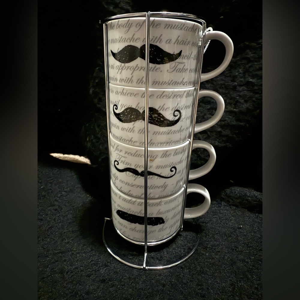 Pier 1 Black and White Mustache Stackable Mugs